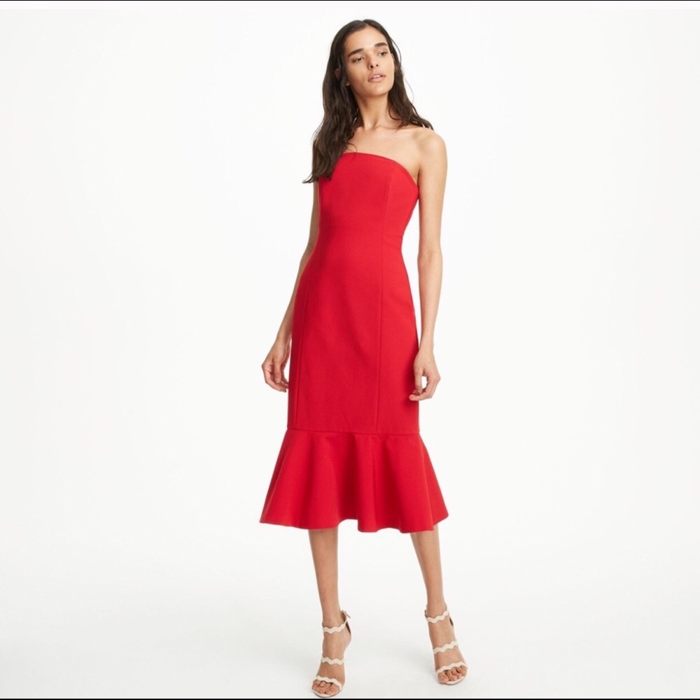 Club Monaco Strapless Red Flueris Midi Dress